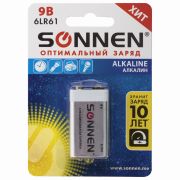 Батарейка SONNEN Alkaline, Крона (6LR61, 6LF22, 1604A), алкалиновая, 451092