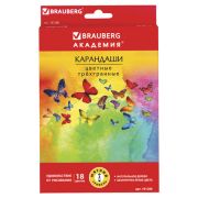 Карандаши цветные BRAUBERG «Бабочки», набор 18 цветов, трехгранные, корпус с полосками, 181286