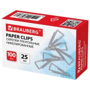 Скрепки BRAUBERG, 25 мм, никелированные, треугольные, 100 шт., 270440
