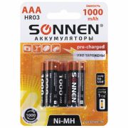 Батарейки аккумуляторные Ni-Mh мизинчиковые 6 шт., AAA (HR03) 1000 mAh, SONNEN, 455611