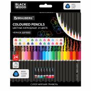 Карандаши цветные чёрное дерево BRAUBERG BLACK WOOD, 24 цвета, трехгранные, мягкий грифель, 181949
