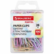 Скрепки BRAUBERG PASTEL 28 мм пастельные цвета, 100 штук, в пластиковой коробке, 271956
